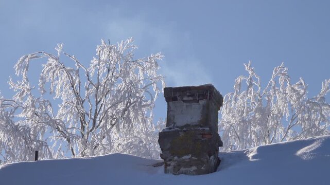 The real image of the Russian winter. Birch trees covered with snow and white frost. A heady frosty sunny day. The stove is burning, smoke is coming out of the chimney