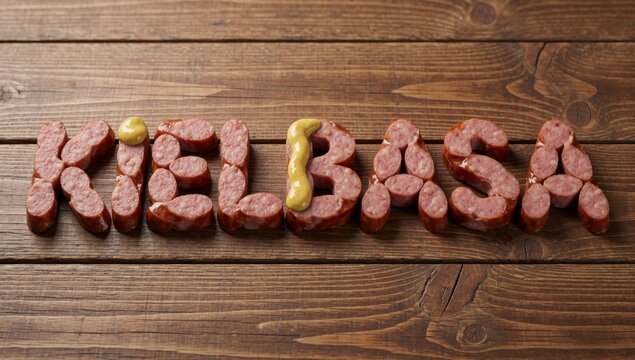 Word kielbasa spelled capital letters wooden surface arranged way form shape sausage each letter slightly over