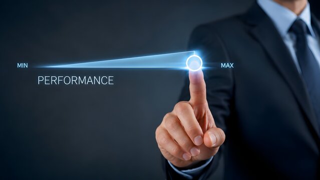 Business performance maximization concept with corporate manager dragging virtual slider from minimum to maximum