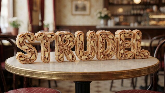 Wooden table word strudel spelled large capital letters arranged way form each letter filled mixture nuts incl