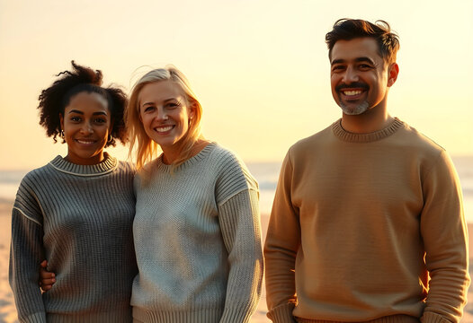 Diverse group of three smiling friends enjoying a beach sunset friendship togetherness and happiness outdoors, the warm golden light illuminates their faces as they enjoy the outdoors