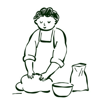 Baker Kneading Bread Dough Hand Drawn Line Art Vector Illustration SVG element for cafe bakery FnB branding