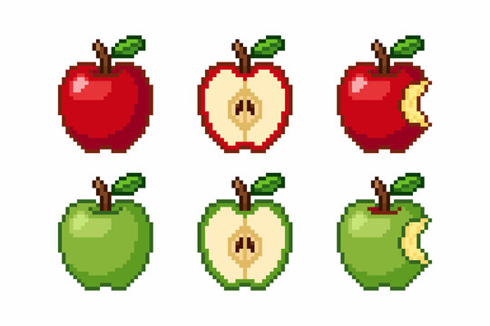 Pixel art red and green apple fruit icon set vector illustration isolated on white background. Whole, half cut, and bitten pixelated apples in retro 8-bit game style.