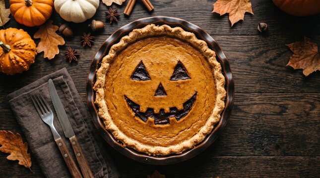 Halloween pumpkin pie with spooky carved face surrounded by autumn leaves and spices for festive holiday decoration