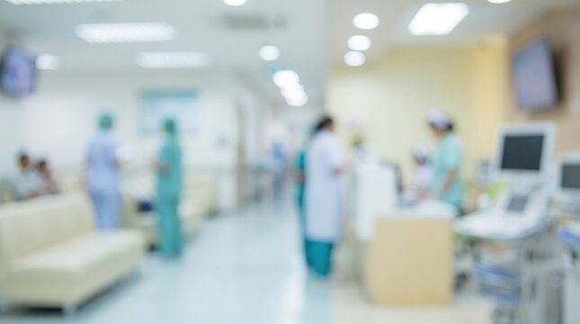 Blurry hospital clinic interior background with medical staff for healthcare setting and professional design use