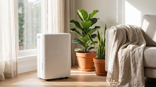 Minimalist home interior scene with dehumidifier and green potted plants for modern lifestyle design