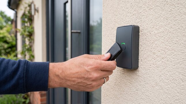 Person using electronic lock with key fob for modern home security and technology concept