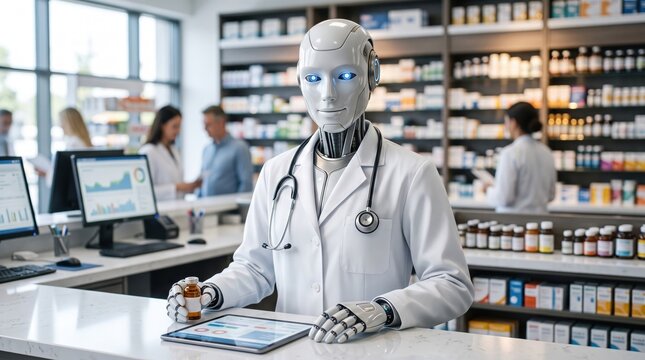 Robot pharmacist in white coat with stethoscope in modern pharmacy for futuristic healthcare design and technology theme