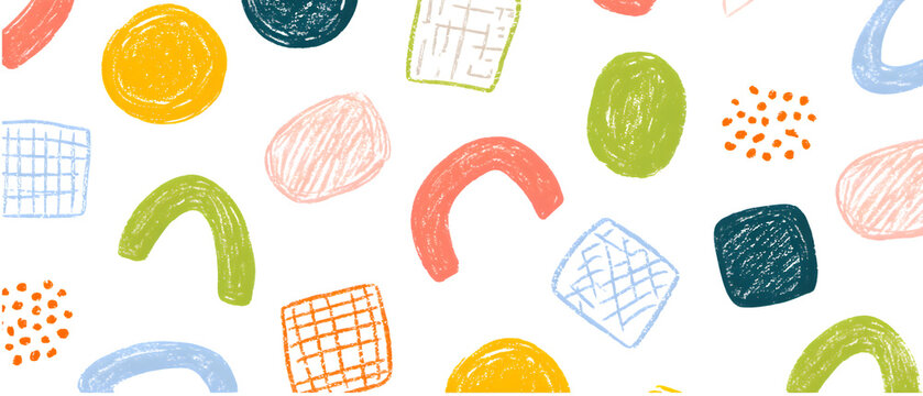 Hand drawn abstract shapes pattern, playful organic doodle elements, colorful crayon texture background for kids design and creative branding isolated PNG with Transparent Background