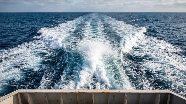 Oceanic ship wake with white foam trail and blue sea waves for maritime travel background