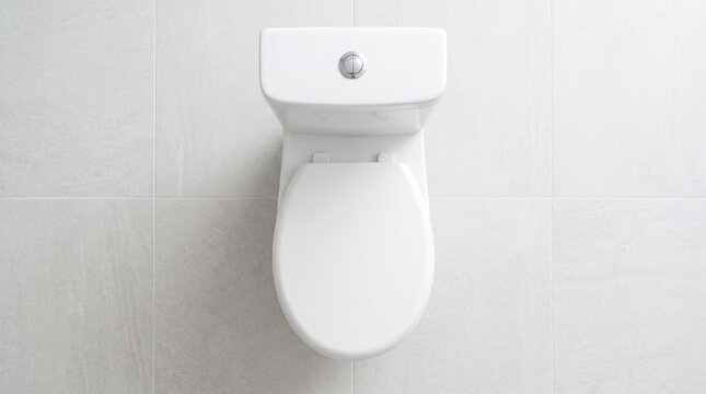 Minimalist top view of modern white toilet on light tiled background for bathroom interior design