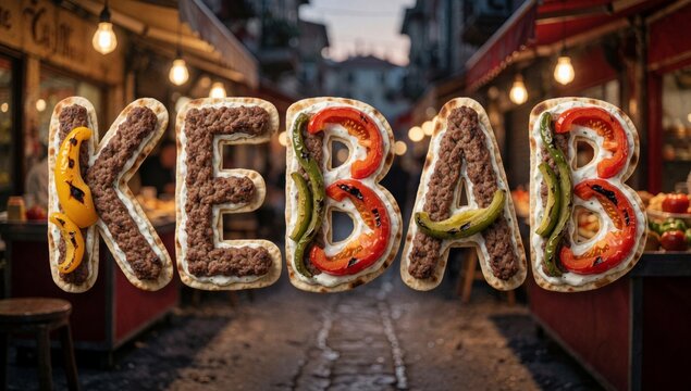 Word kebabs spelled large colorful letters arranged way form playful font each letter filled different type fo