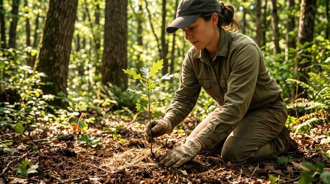 Worker carefully nurturing young sapling in lush forest environment for sustainable nature conservation and eco-friendly growth promotion