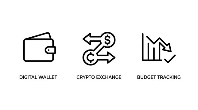 Finance icons set for digital wallet crypto exchange and budget