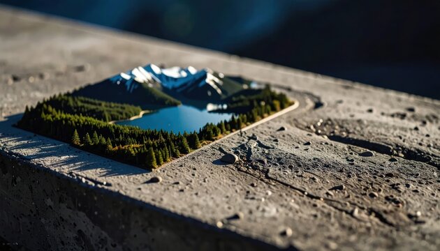 Miniature Mountain Landscape Model with Lake and Forest on Wooden Surface.