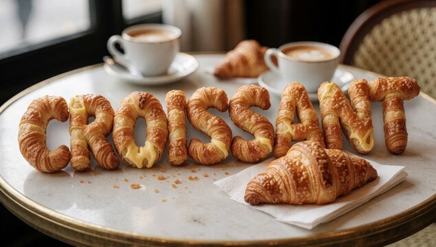 Round wooden table white marble top there several freshly baked croissants arranged shape word croissant cursi