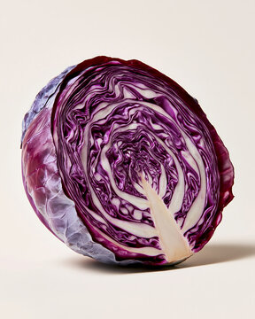 Half of a fresh red cabbage head showing internal layers and core on a light