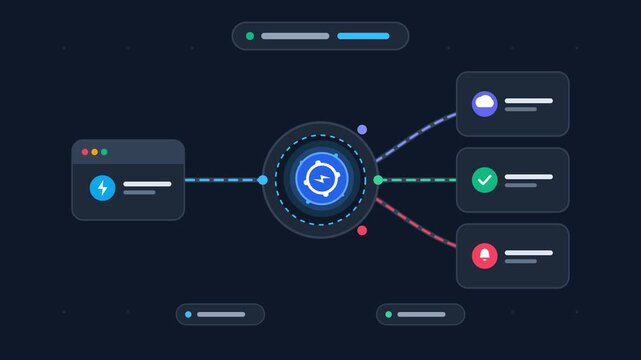 Modern flat vector motion graphic of a digital data processing hub with cloud and notification icons