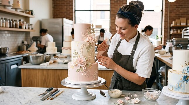 Pastry chef decorating a beautiful multi-tiered cake with frosting in a bright bakery kitchen