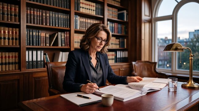 Lawyer working in office with bookshelves and desk lamp