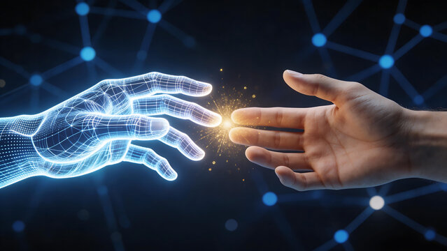 Human and robotic hands connecting