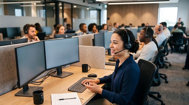 Diverse team of customer service agents working in a modern call center office environment