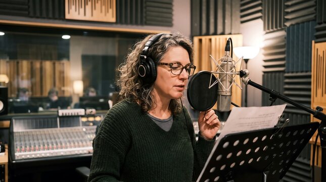 Woman wearing headphones speaks into a microphone in a recording studio
