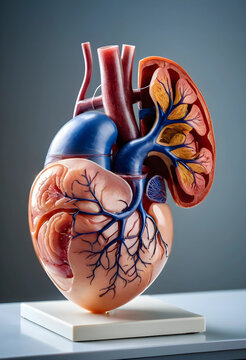 Human heart and kidney anatomical model for medical education and cardiovascular health awareness, the model serves as an educational tool for understanding cardiovascular and renal systems