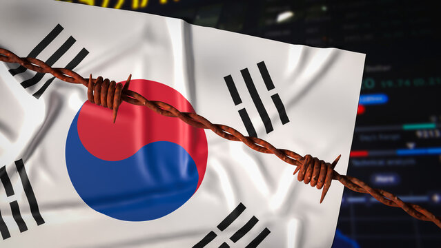 South Korean Economy Under Pressure Behind Barbed Wire 3d render.