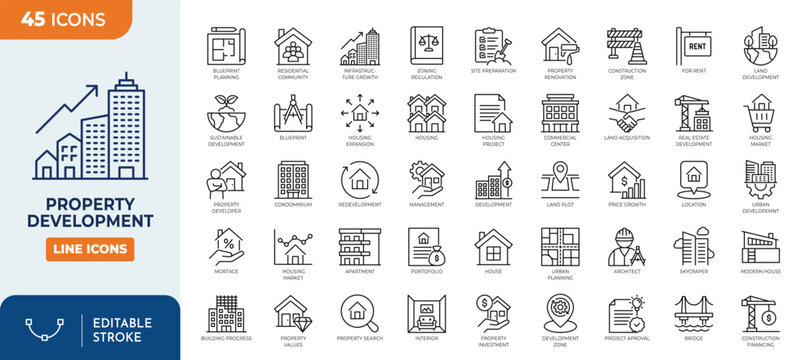 property development line Editable icon set. Contain icons related to Real estate, property, development, housing, construction, and more. Editable stroke. Vector illustration