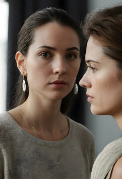 Young woman looking directly at the camera with a reflection of her profile in a mirror self-reflection and identity, this image explores concepts of self reflection identity and inner thought