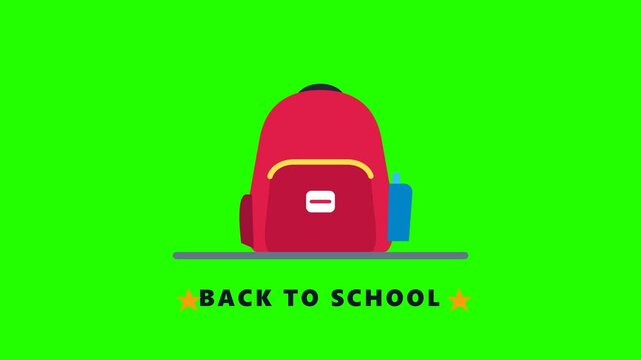 Red school backpack flat vector motion animation with back to school text on isolated green screen
