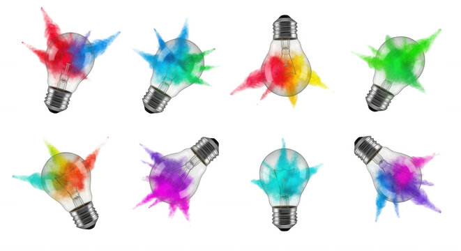 exploding color powder in lightbulbs on white background creative design for ideas concepts and innovation