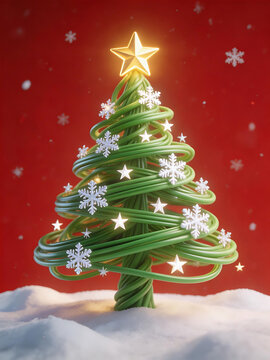 Green spiral Christmas tree with snowflakes