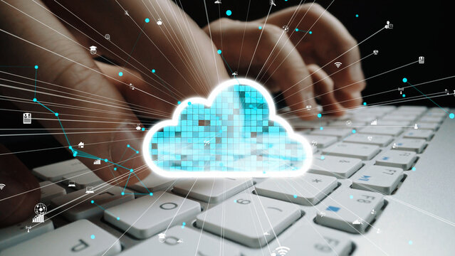 Hands typing on a keyboard with a digital cloud graphic, representing the concept of cloud computing and the flow of information in a connected world. Xenic