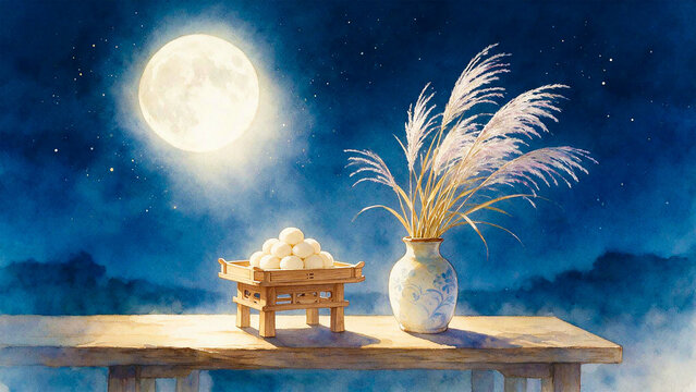 夜空に輝く満月とお月見団子にススキを描いた水彩背景素材