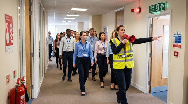 Female fire warden with megaphone directing office employees during an evacuation during training. Diverse group of corporate workers walking down a hallway for a workplace safety drill