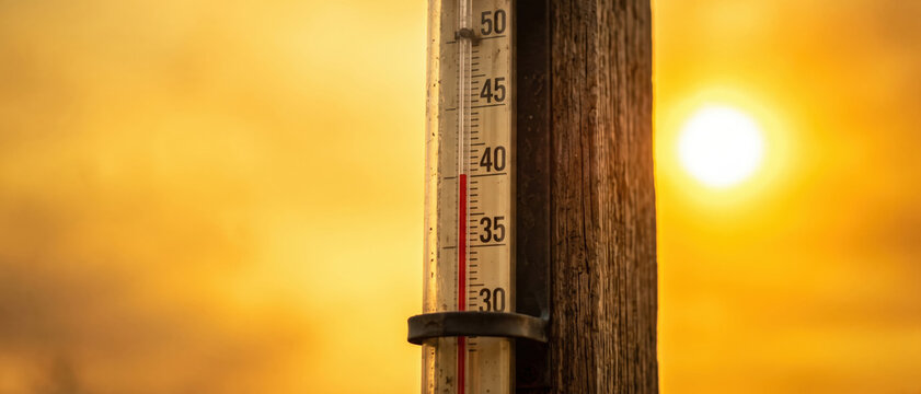 Close up of a thermometer on a wooden post showing high temperature under a blazing sun. Extreme summer heatwave and climate change concept. Copy space for text