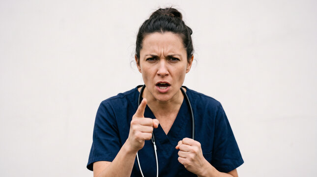 Portrait of angry female doctor. Blaming, accusing and punishing. White isolated background.