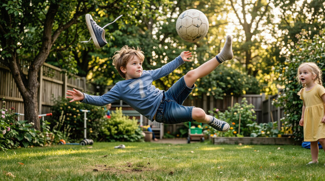 Kid doing a mid-air soccer kick in a backyard while his shoe flies off. Surprised sister watching active child play football. Funny childhood sports moment on green grass
