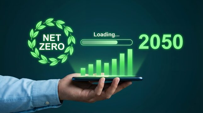 Person holding a smartphone displaying a glowing green net zero symbol loading progress bar upward chart graph and the year twenty fifty representing future sustainability goals