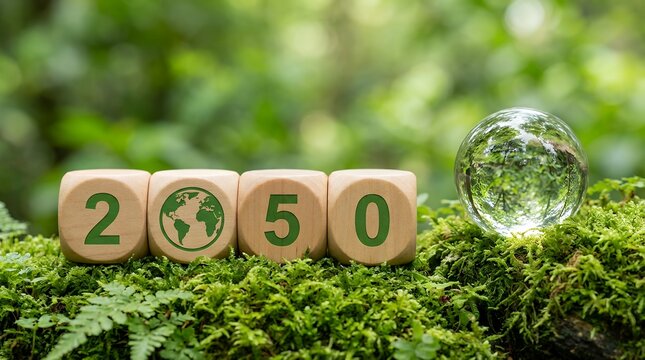 Four wooden blocks forming year two thousand fifty with globe icon stand on lush green moss next to transparent crystal sphere outdoors nature environment future climate earth