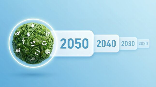 Green globe sphere featuring ecological icons alongside sequential years from 2020 to 2050 illustrating climate action progress and future sustainability targets timeline