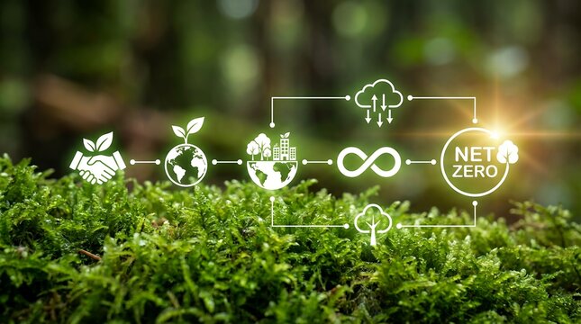 Glowing digital net zero emission and sustainability concept icons floating above vibrant green moss forest floor environment representing ecological balance and carbon neutrality future