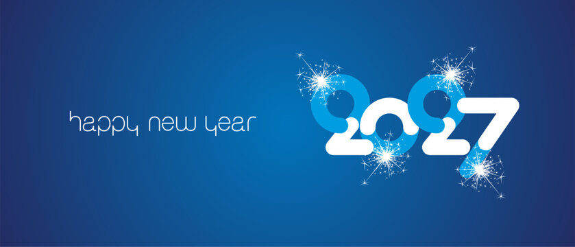 Happy New Year 2027 eve with light blue white shining modern thin and bold rounded typography and sparkle firework greeting card on blue background