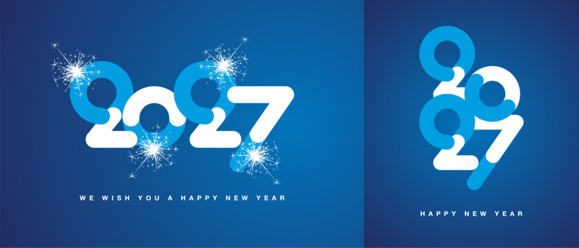 Happy New Year 2027 eve with light blue white shining modern bold rounded typography and sparkle firework. Greeting concept for 2027 celebration on blue background