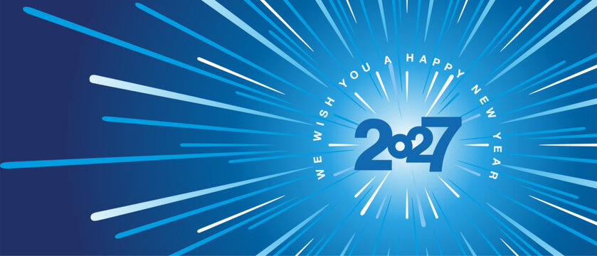 We wish you a Happy New Year 2027 high warp speed space blue type typography with abstract tunnel or speedometer shape on blue white background greeting card