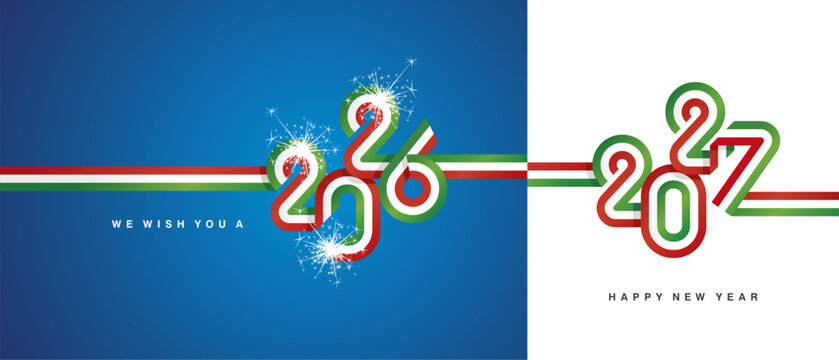 Happy New Year 2027. Italy ribbon in the shape of 2026 and 2027. Abstract light green white red flag strip of Italy with sparkle firework isolated on white and blue background