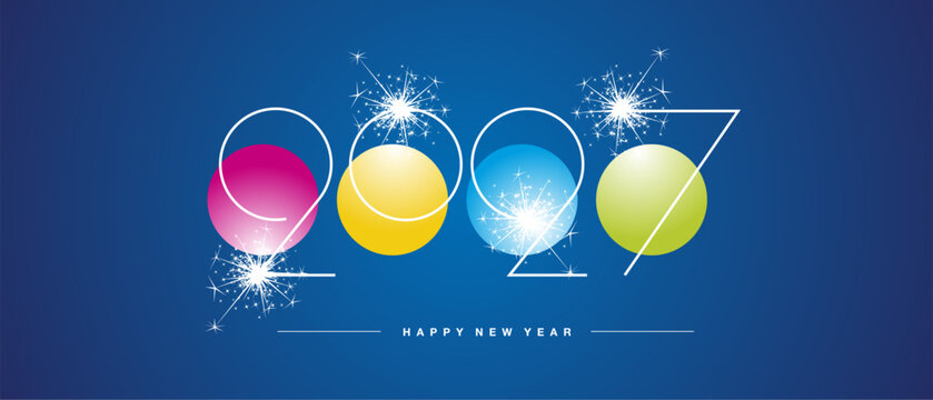 New Year 2027. Beautiful style modern line thin design numbers with colorful circle dot elements drawn on blue background