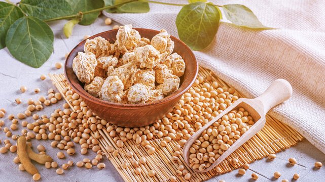 Textured soy protein chunks (nutri nuggets), raw soy meat for vegans in clay bowl on a bamboo napkin against the background of burlap and branch young green pods soybean, closeup with selective focus